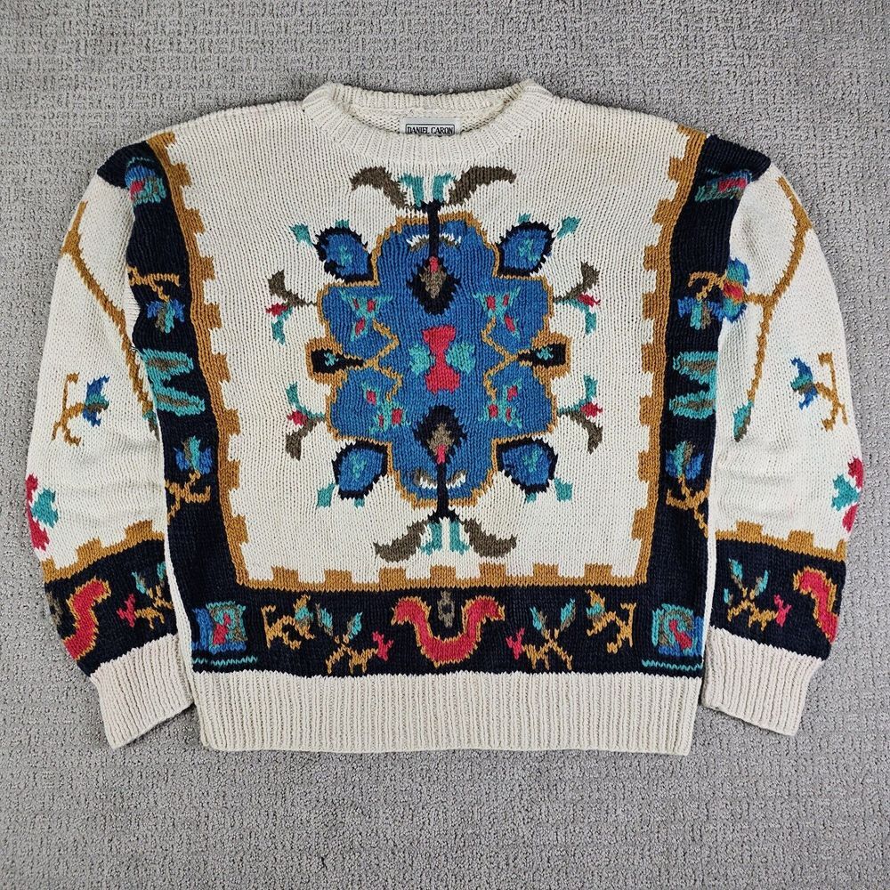 VTG Daniel Caron Southwestern Aztec Native Navajo‎ Knit Sweater Womens M Biege